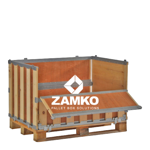 Wooden Pallet Boxes - Pallet Box -4 walls incl. 2 hinged gates; fixed plywood liner - Zamko B.V.