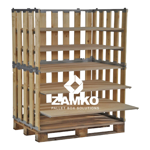 Wooden Pallet Boxes - Pallet Box -8 detachable walls (700mm + 700mm high) with shelves - Zamko B.V.